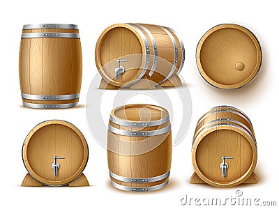 Realistic wooden barrels. 3d isolated alcohol containers, beer, wine and whiskey oak casks, cellar storage equipment Vector Illustration