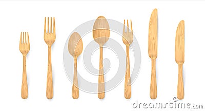 Realistic wooden cutlery. Biodegradable bamboo forks, spoons and knifes made of natural reusable material. Vector 3D eco Vector Illustration