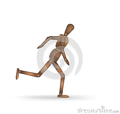 Realistic wooden marionette running isolated on the white background, Vector Illustration