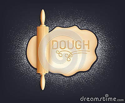 Realistic wooden rolling pin and kneading dough with flour. Design concept for baking, pizza, cookies, biscuits, bread Vector Illustration