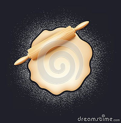 Realistic wooden rolling pin and kneading dough with flour. Design concept for baking, pizza, cookies, biscuits, bread Vector Illustration