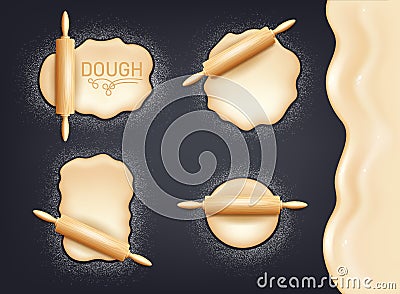 Realistic wooden rolling pin and set of kneading dough with flour. Design concept for baking, pizza, cookies, biscuits Vector Illustration