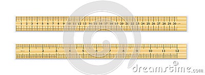 A realistic wooden ruler of 30 cm and 12 inches Vector Illustration