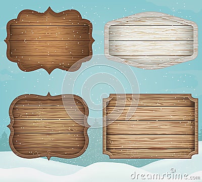 4 realistic wooden signs set. Decoration elements for christmas. Vintage style. Vector Vector Illustration