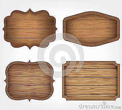 4 realistic wooden signs set. Decoration elements. Vintage style. Vector Vector Illustration