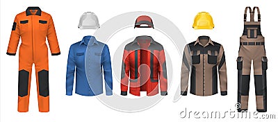 Realistic workwear. Overall uniform clothes. Jacket and helmet. Comfortable protective coveralls. Plumber and mechanic Vector Illustration