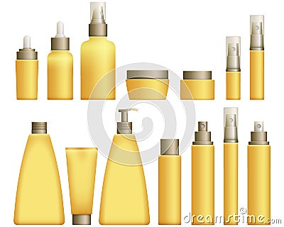 Realistic yellow Cosmetics bottles Vector Illustration