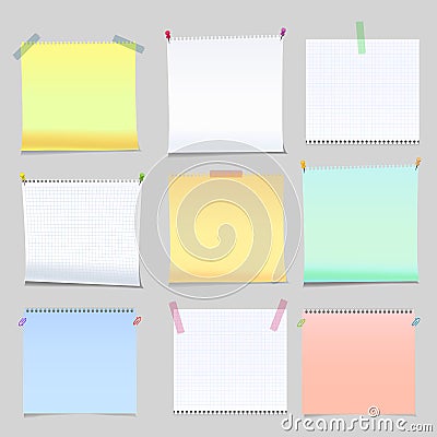 Realistic yellow, green and white memo stickers set. Vector Illustration