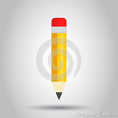 Realistic yellow wooden pencil with rubber eraser icon in flat style. Highlighter vector illustration on white background. Vector Illustration