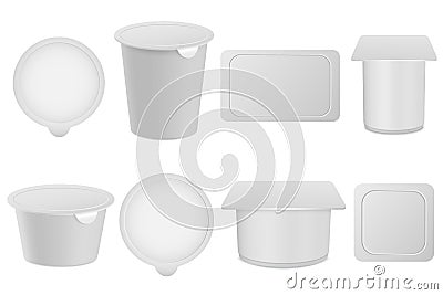 Realistic yogurt, cottage cheese, ice cream or sour cream packaging set. Empty 3D mockups isolated on white background Vector Illustration