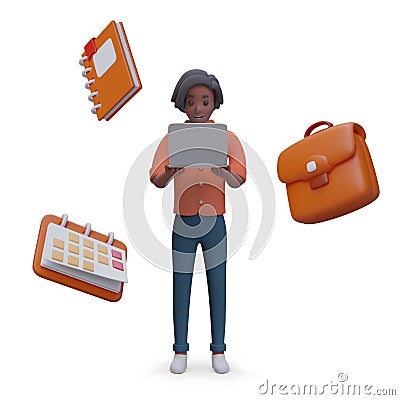Realistic young man is holding laptop, calendar, planner, briefcase are flying around Vector Illustration