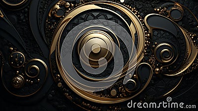 Original black background with gold elements, soft lines with swirls, balls and waves. Stock Photo