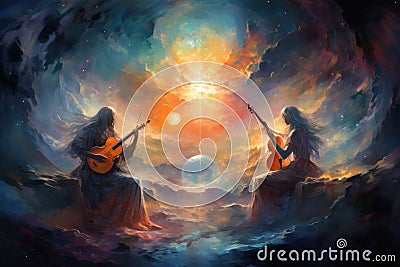 Celestial harpists, playing melodies that resonate through the heavens - Generative AI Stock Photo