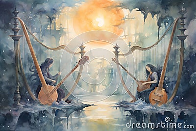 Celestial harpists, playing melodies that resonate through the heavens - Generative AI Stock Photo