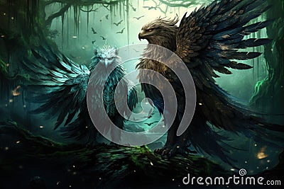 Loyal griffins, majestic creatures with the body of a lion and the wings of an eagle - Generative AI Stock Photo