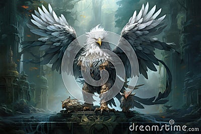 Loyal griffins, majestic creatures with the body of a lion and the wings of an eagle - Generative AI Stock Photo