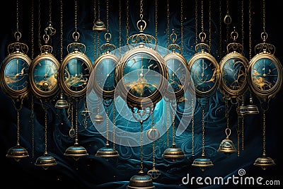 Time-traveling pocket watches, allowing glimpses into past and future moments - Generative AI Stock Photo