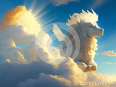 Realm of the Griffins: Whimsical Artwork Featuring Clouds, Sky, Sun, and Majestic Griffins Stock Photo