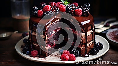 A decadent chocolate cake with layers of rich ganache and berries on top Stock Photo