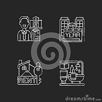 Realtor agency chalk white icons set on black background Vector Illustration