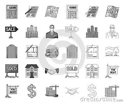 Realtor, agency mono,outline icons in set collection for design. Buying and selling real estate vector symbol stock web Vector Illustration