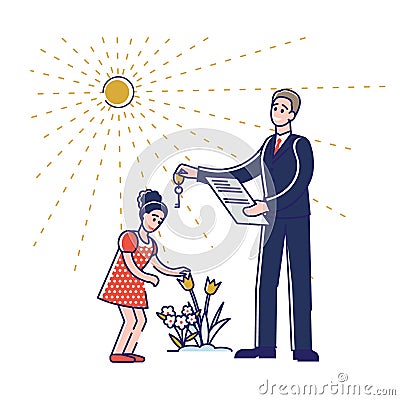 Realtor business man holding contract document giving key from new house to little girl Vector Illustration