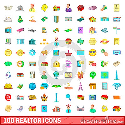 100 realtor icons set, cartoon style Vector Illustration