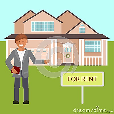 Realtor with placard for rent Vector Illustration