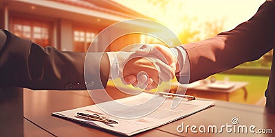 A realtor presenting a title deed to a new homeowner, symbolizing the official transfer of ownership. Stock Photo