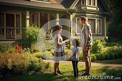 A realtor shows a house for sale to its future owners. Buying a new property for a young family. A new beginning and chapter in Stock Photo