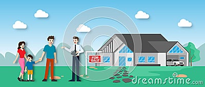 The realtor shows and presenting the new beautiful modern Real Estate for sale to client with family. Vector Illustration