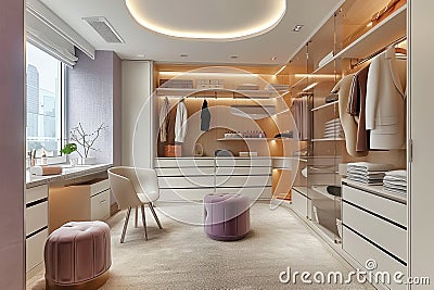 Ream style cloakroom space with large wardrobe, light purple and light bronze, organic form, soft color tones AI Generated Stock Photo