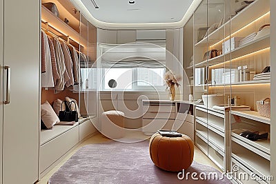 Ream style cloakroom space with large wardrobe, light purple and light bronze, organic form, soft color tones AI Generated Stock Photo