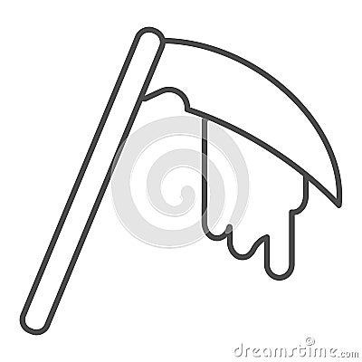 Reaper bloodied scythe thin line icon. Agriculture inventory item with drop of blood. Halloween party vector design Vector Illustration