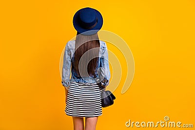 Rear back behind view portrait of her she nice-looking attractive straight-haired lady luxurious brand clothes isolated Stock Photo