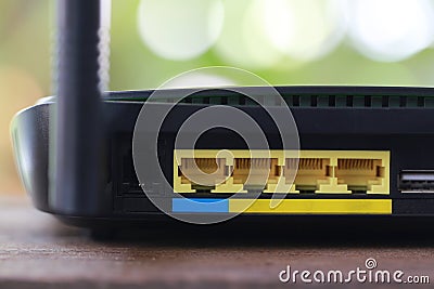 Rear of black modem router to internet connection Concept. Stock Photo