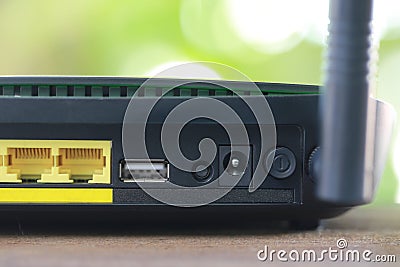 Rear of black modem router to internet connection Concept. Stock Photo