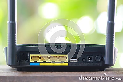 Rear of black modem router to internet connection Concept. Stock Photo