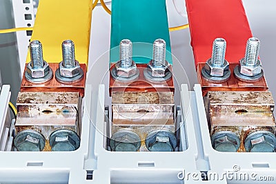 Rear connection of busbars to the circuit breaker. Stock Photo