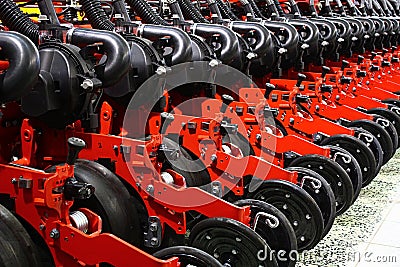 Rear detail of closing wheels and frame modern Swedish high speed planter Vaderstad Tempo TPL 24 CFS Editorial Stock Photo