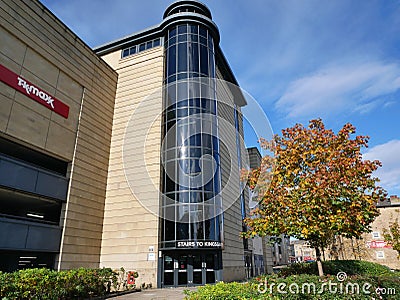 Kingsgate shopping centre Huddersfield rear entrance with glass colonnade staircase Editorial Stock Photo