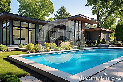 Rear garden of a contemporary Australian home with tiled swimming pool, modern real estate Stock Photo