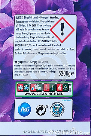 Rear Label and Symbols on a Extra large 80 Wash XXL Bold Branded Washing Powder in Recyclable Cardboard Box Editorial Stock Photo