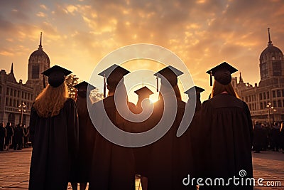 Rear perspective of university graduates, their silhouettes against graduation backdrop Stock Photo