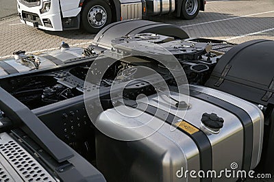 Rear of the tractor unit. Visible fifth wheel couplings are fitted to a tractor unit to connect it to the trailer Stock Photo