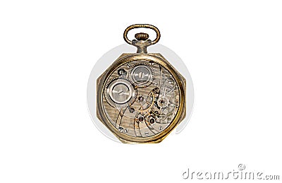 Rear viev of golden old pocket watch with open clockwork on white isolated background. Mechanism of golden vintage watch Stock Photo