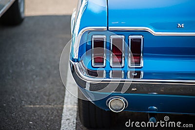 Rear view of blue ford mustang vintage parked in the street Editorial Stock Photo