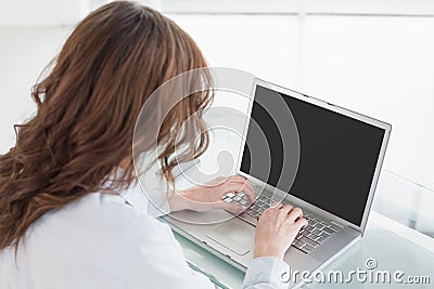Rear view of a brown haired businesswoman using laptop Stock Photo