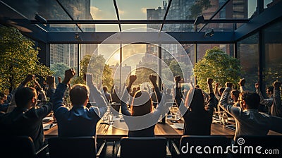 Rear view of the business teams their hands up showing a fist of victory while standing in the meeting room. AI Generated Stock Photo