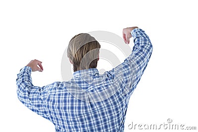 Rear view of businessman advertising imaginary product during presentation Stock Photo